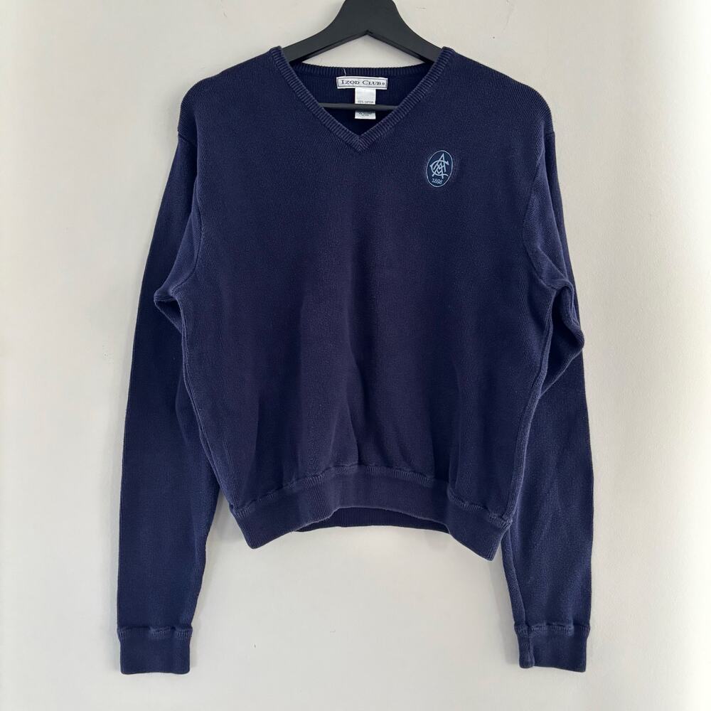 Vintage IZOD CLUB Ladies V Neck Logo Sweater Faded Navy Blue 100% Cotton